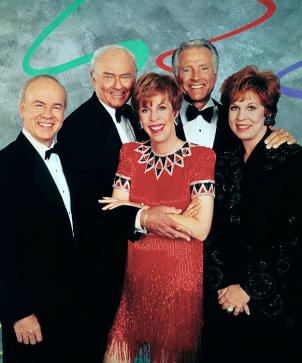 The Carol Burnett Show - A Reunion, the 1993 CBS television special featuring (from left) Tim Conway, Harvey Korman, Carol Burnett, Lyle Waggoner and Vicki Lawrence. Copyright © 1993 CBS Broadcasting Inc. All Rights Reserved. Credit: CBS Photo Archive.